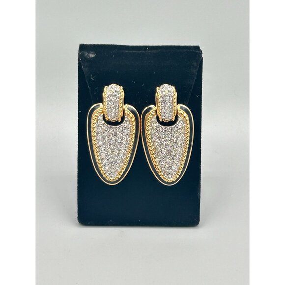 Swarovski Swan Signed Statement Clip Earrings Crystals Pave Gold & Black Enamel - Picture 3 of 10